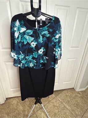 Connected Apparel Teal Floral Overlay Black Pencil Dress 18W